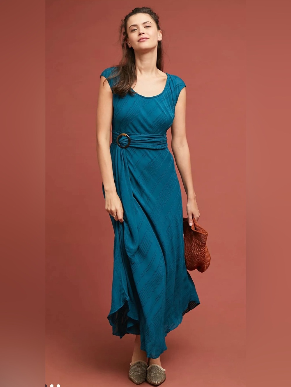 Moulinette Soeurs by Anthropologie Teal Blue Rayon O-Ring Belted Maxi Dress US 6